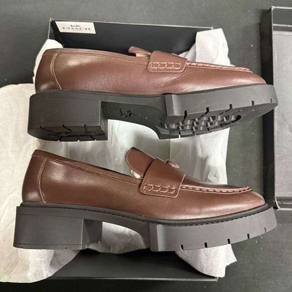 New Coach Leah Maple Brown Chunky Platform Leather Loafers 9 - Picture 3 of 6